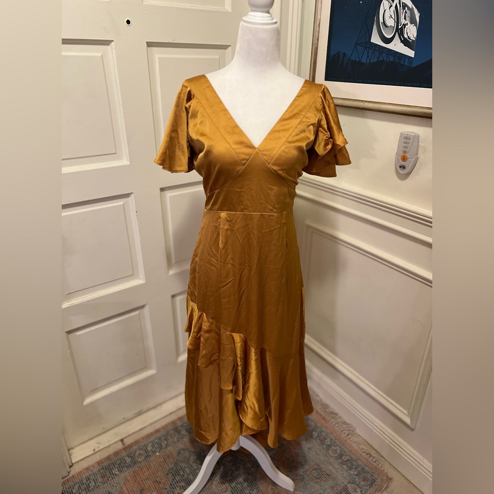 EUC Nasty gal, Gold satin dress immense with ruffle embellishment sz 10